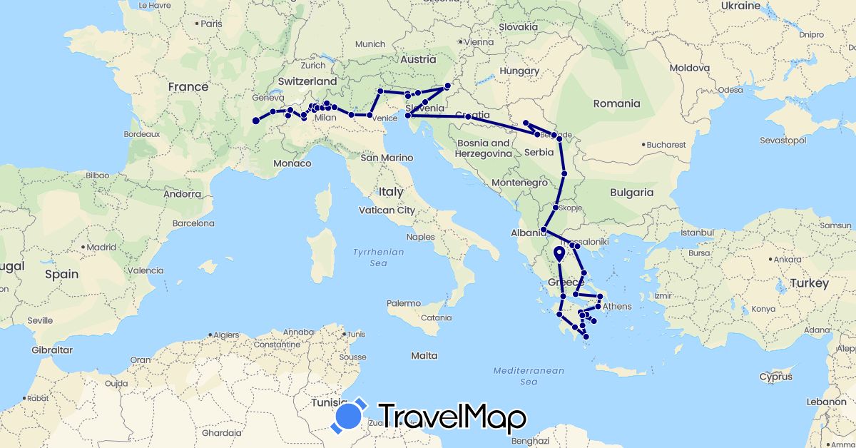 TravelMap itinerary: driving in France, Greece, Croatia, Italy, Macedonia, Serbia, Slovenia (Europe)